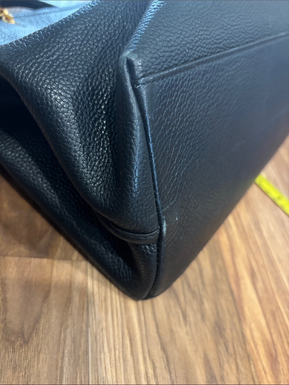 Tory Burch Dark Navy Almost Black Leather Tote with Gold Logo & Chain Straps - Picture 9 of 12